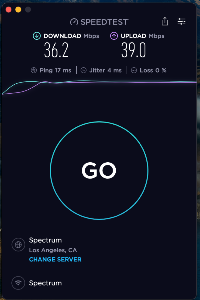 A speed test result taken on a computer with no VPN connection.