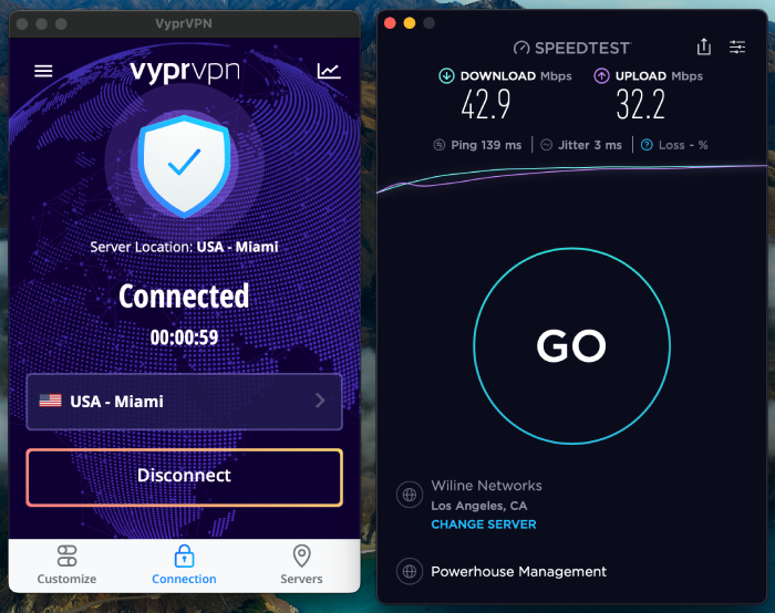 The VyprVPN app connected to an American server along with a speed test result.