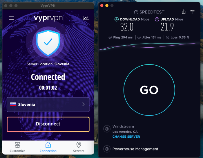 The VyprVPN app connected to an Slovenian server along with a speed test result.