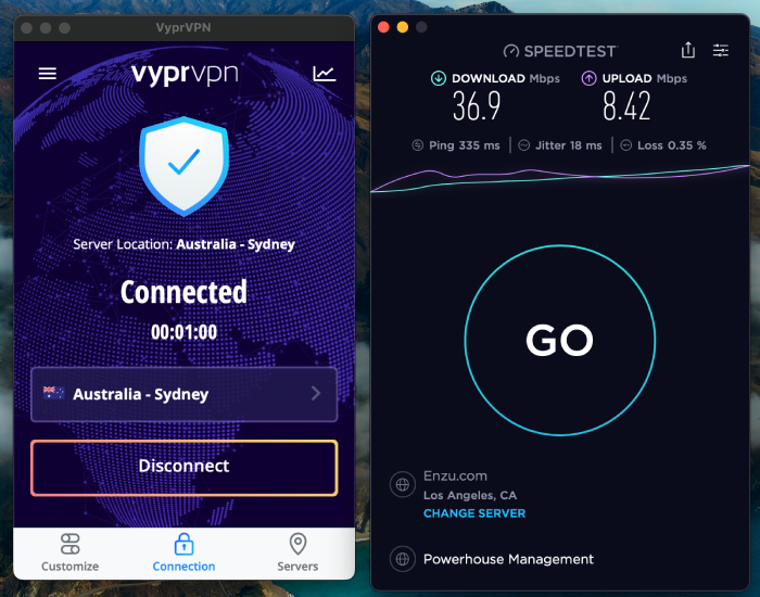The VyprVPN app connected to an Australian server along with a speed test result.