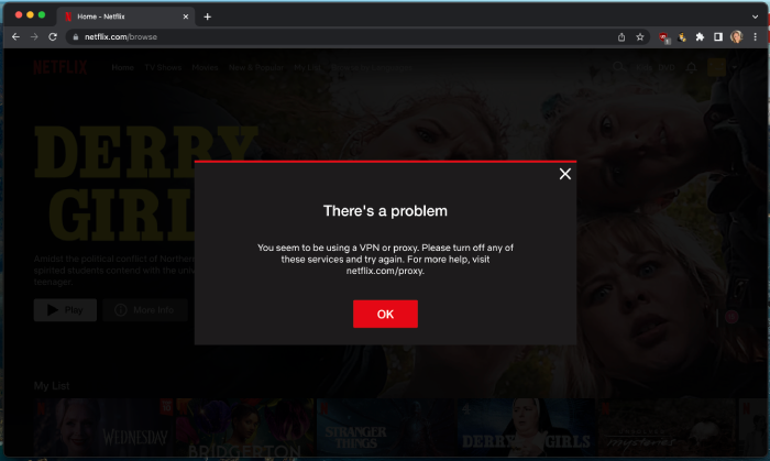 The Netflix error page detecting that the user is using a VPN or a proxy.