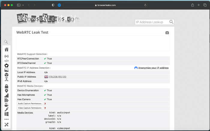 VyprVPN's WebRTC leak test results.