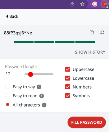 A screenshot of the LastPass password manager's Generate New Secure Password feature. It allows you to choose the password length, uppercase, lowercase, numbers, symbols, and other qualities.