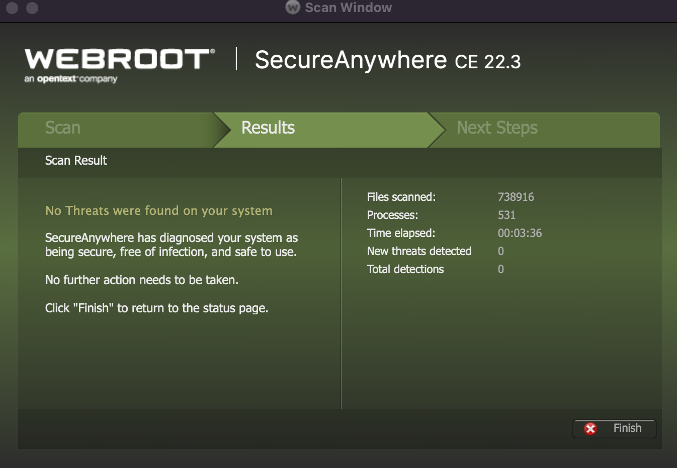 A screenshot of the Webroot SecureAnywhere antivirus scan results, showing that a scan of about 738,000 files took 3 minutes and 36 seconds.