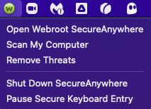 A screenshot of the Webroot antivirus options when the Webroot logo is clicked in the main Mac navigation bar at the top of the screen. The Pause Secure Keyboard Entry option is shown.