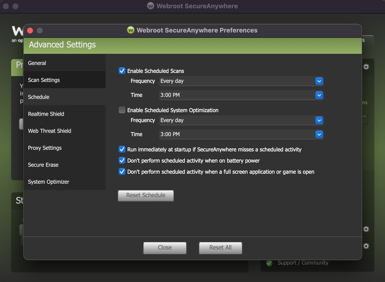 A screenshot of Webroot antivirus' Advanced Settings menu with the Schedule tab selected. This allows you to schedule scans and system optimizations for certain frequencies and times of day.