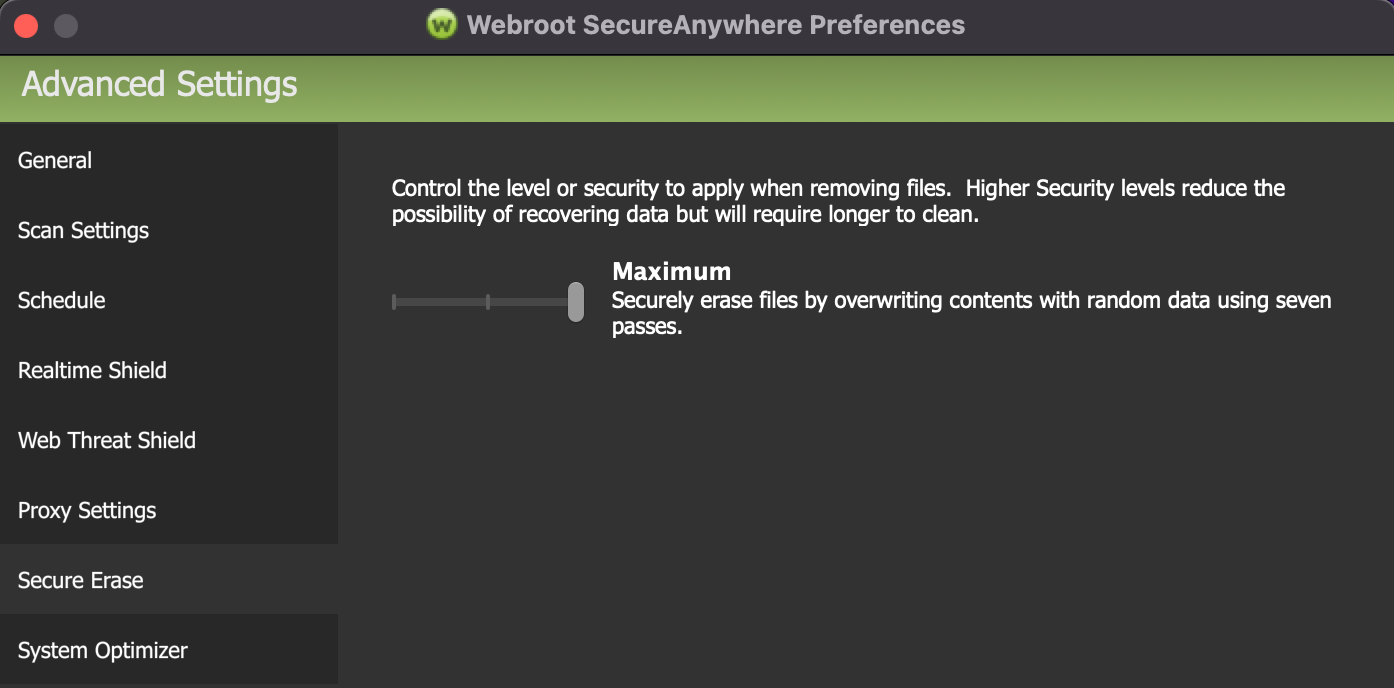 A screenshot of the Webroot antivirus Advanced Settings menu with Secure Erase chosen. It shows a Maximum level of security chosen so that removed files are overwritten by random data seven times.