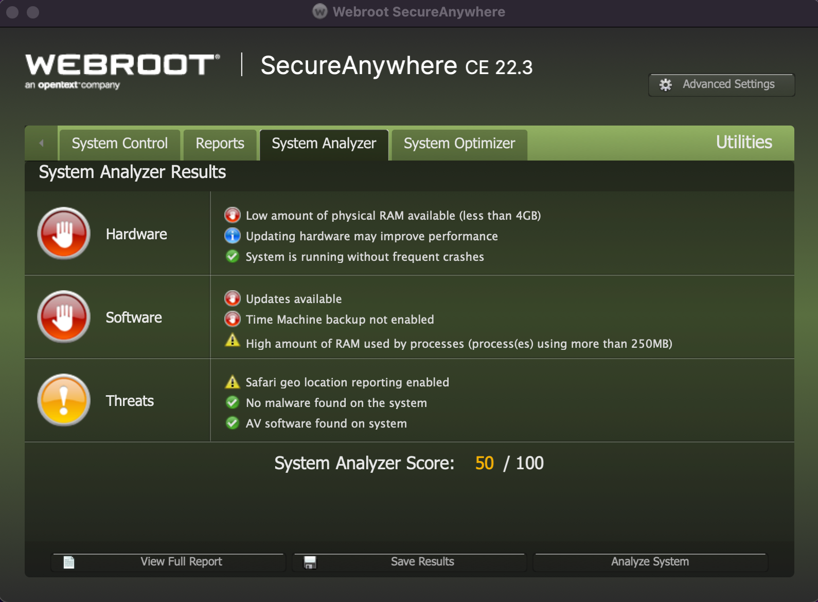 A screenshot of the Webroot System Analyzer results page. The results show issues for hardware and software, plus an alert that Safari's geolocation reporting is enabled. The total system score is 50 out of 100.