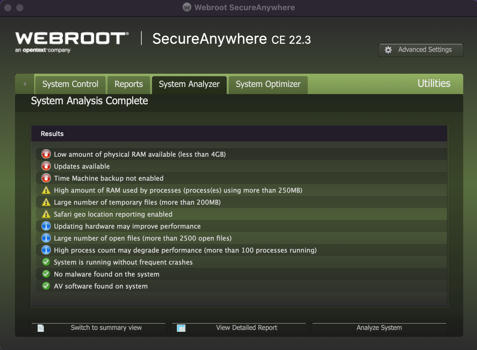 A screenshot of the Webroot antivirus System Analyzer Full Report, which shows all alerts Webroot uncovered when it scanned our MacBook Pro for threats.
