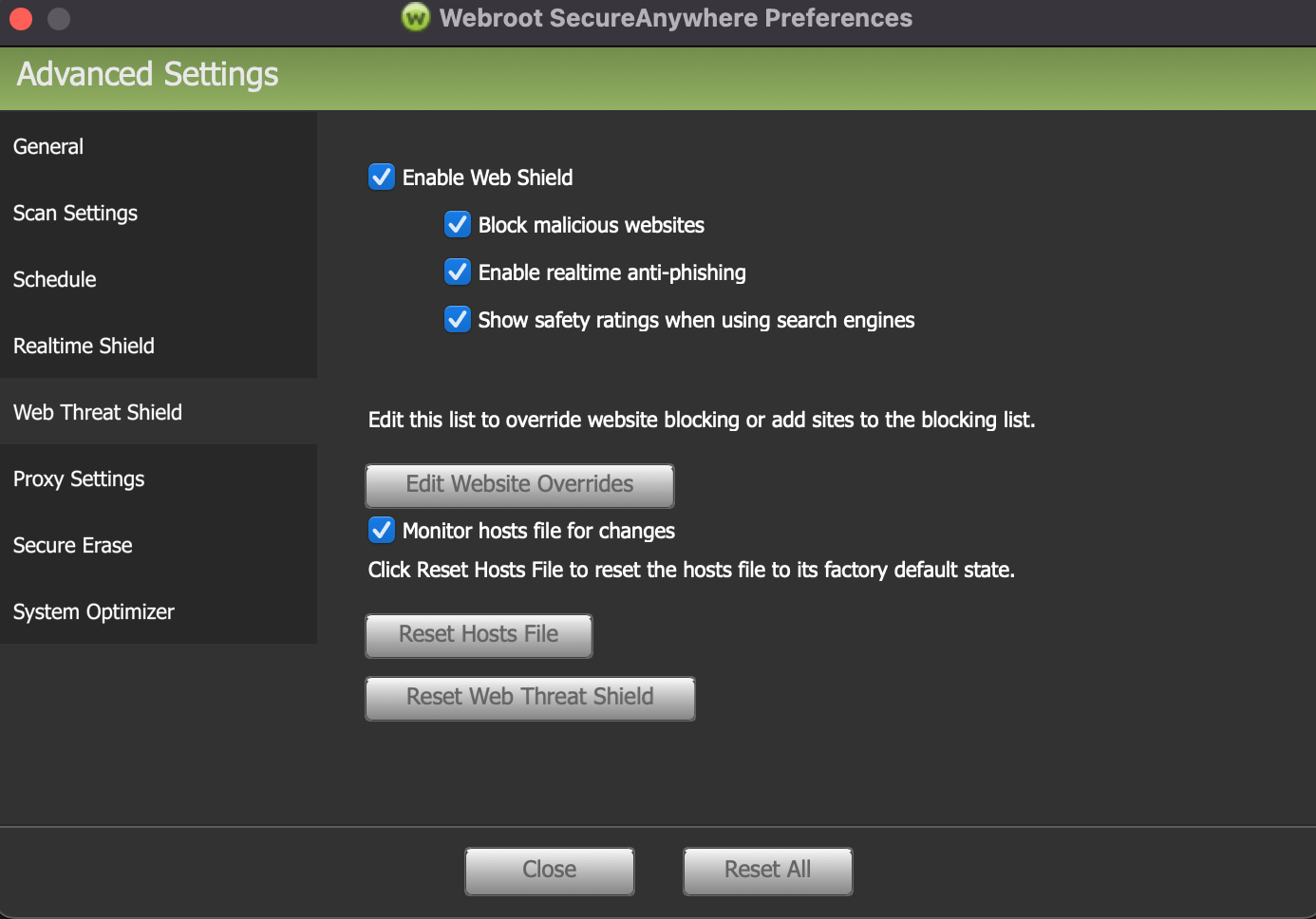 A screenshot of Webroot's Advanced Settings menu with the Web Threat Shield tab chosen. Web Threat shield marks malicious sites and protects you from phishing attacks.