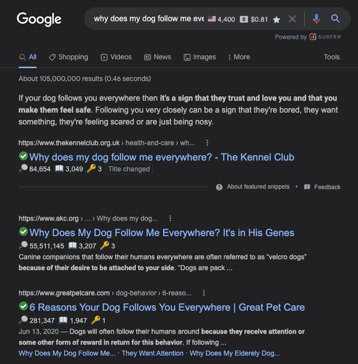 A screenshot of Google search results for the query "Why does my dog follow me everywhere?" The search results include a small green checkmark next to each site link as long as the site is deemed non-malicious by Webroot's Web Shield.
