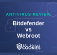 A blue background with images of locks and shields with the text &quot;Bitdefender vs Webroot&quot; and the All About Cookies logo. 