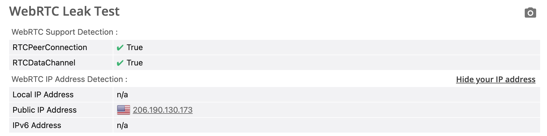 Avast SecureLine VPN's WebRTC leak test results.