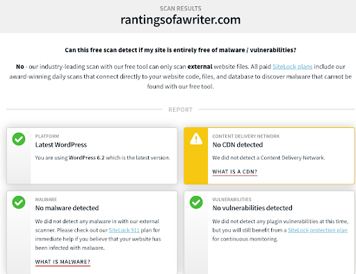 SiteLock scan results for malware, vulnerabilities, CDN, and platform used.