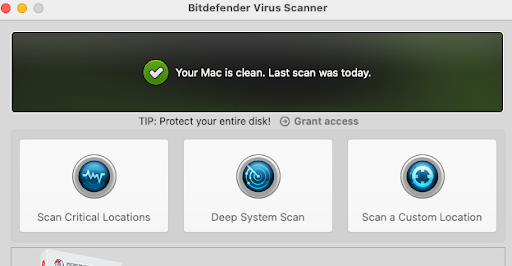 Bitdefender Virus Scanner indicating that the Mac in use is clean.