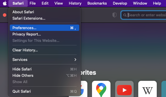 You can find Safari settings in the top menu bar. Click Safari, then choose Preferences.