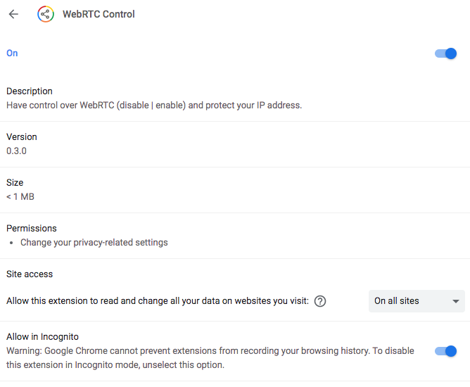 A screenshot of the WebRTC Control Google Chrome extension's settings, including the permissions, site access, and option to allow in Incognito Mode.