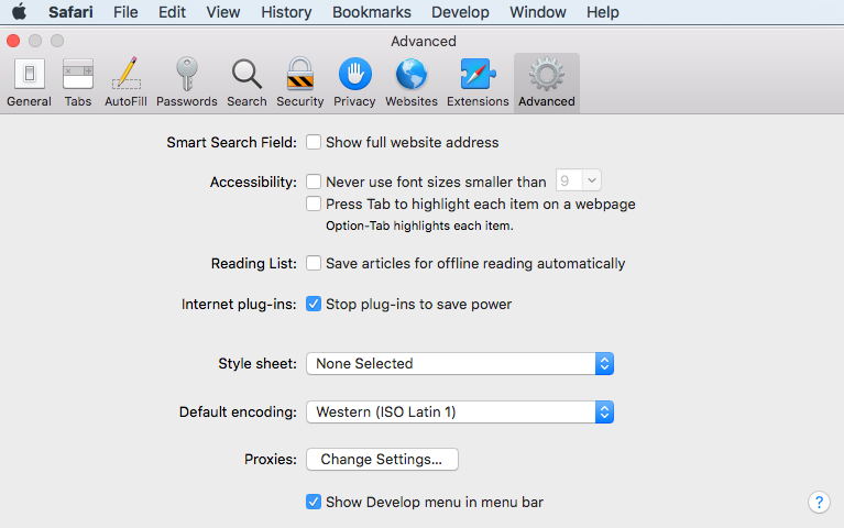 A screenshot of the Apple Safari Advanced settings menu showing the option "Show Develop menu in menu bar" checked.