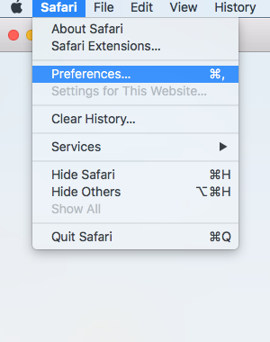 A screenshot of the Apple Safari main menu with the Preferences option highlighted.