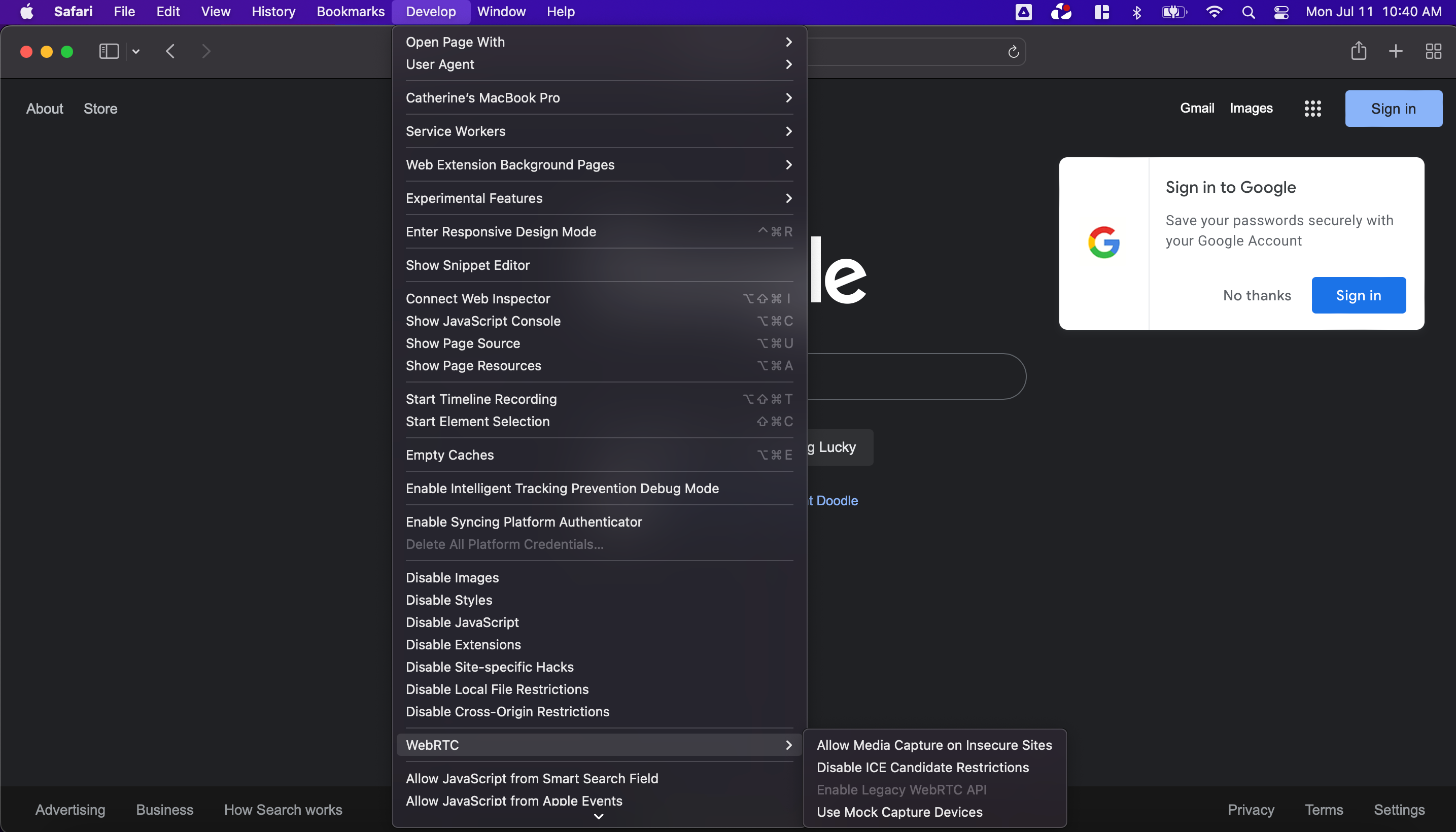 A screenshot of Apple Safari in dark mode showing the Develop menu and the WebRTC drop-down menu selected. The "Enable Legacy WebRTC API" option is unchecked.