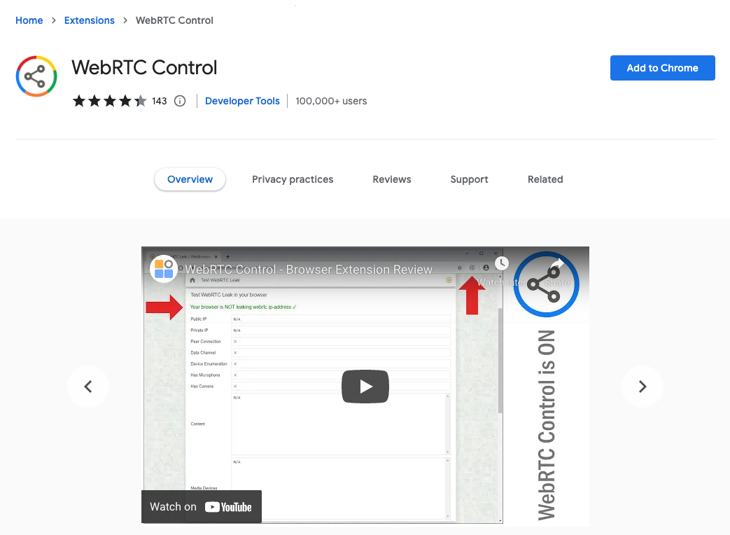 A screenshot of the Google Chrome store and the WebRTC Control extension page.
