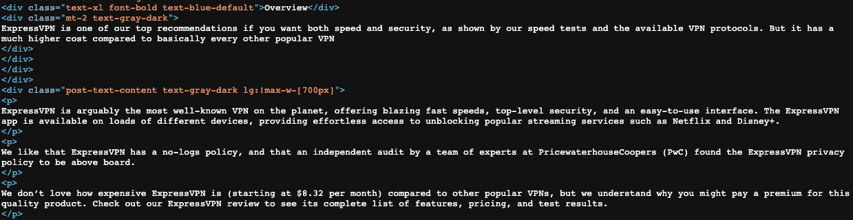 A snippet of the HTML code that built our ExpressVPN review.