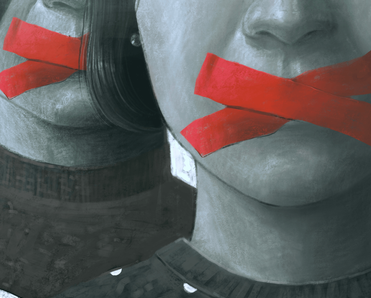 Artwork depicting two women&#x27;s faces in black and white, their mouths are covered in red tape to signify censorship