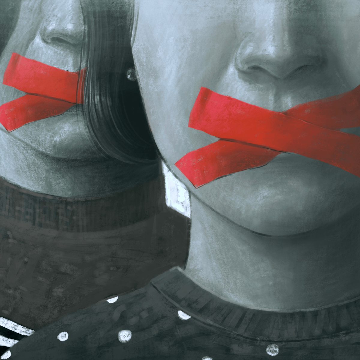 Artwork depicting two women&#x27;s faces in black and white, their mouths are covered in red tape to signify censorship