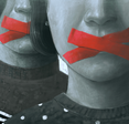 Artwork depicting two women&#x27;s faces in black and white, their mouths are covered in red tape to signify censorship