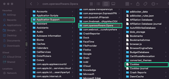 To find Opera cookies stored on your Mac, open the Library > Application Support folders and look for com.operasoftware.Opera folder.