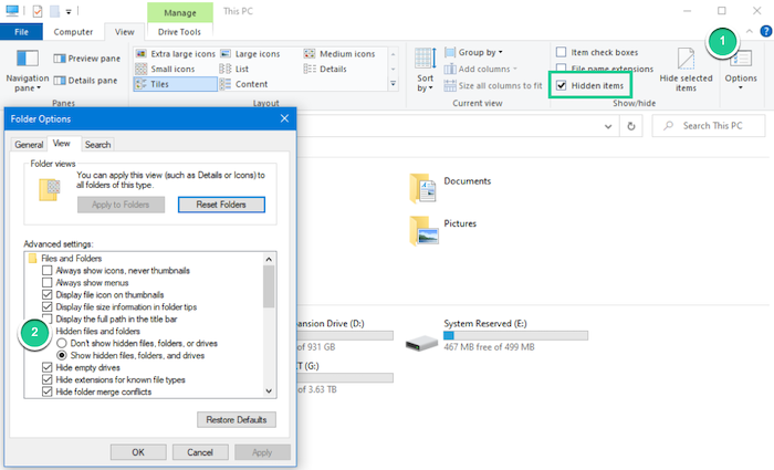 To view hidden files and folders on Windows 10, open your File Explorer, click the View tab, and check the box next to Hidden files.