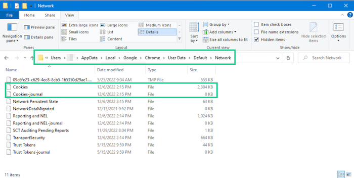 You can find the Google Chrome cookies folder in the Windows AppData > Local > Google > Chrome folders.