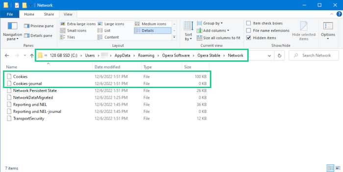 The Opera cookies folder is located in the AppData > Roaming folders in Windows 10.