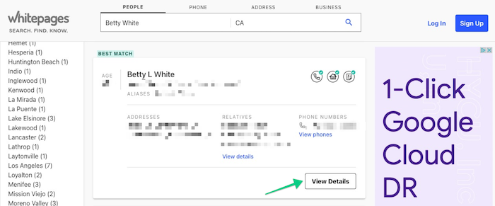 Find your Whitepages profile in the search results, then click View Details.