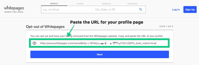 Paste the URL of your Whitepages profile into the opt-out request form.