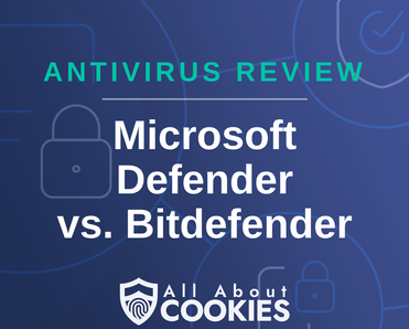 A blue background with images of locks and shields with the text &quot;Windows Defender vs Bitdefender&quot; and the All About Cookies logo. 