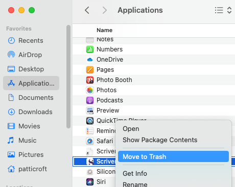 On macOS, there is an applications window open with a pop-up to move an application to the trash.