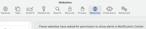 A pop-up for Safari Preferences that is open on the Websites section.