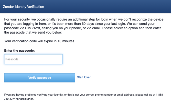 A pop-up for two-factor authentication with Zander via passcode.