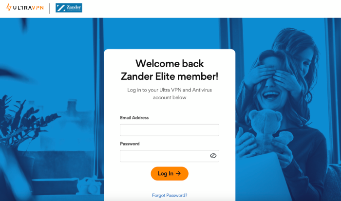 The login page for Zander Elite members to access the Ultra VPN and Antivirus.