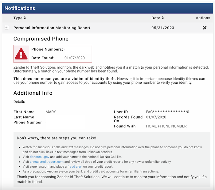 Zander ID Theft Protection flags any compromised personal info, like your phone number.