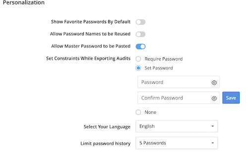 Zoho Vault includes personalization settings where you can choose to show your favorite passwords by default, allow the master password to be pasted, and set an amount of time before the app locks after inactivity.